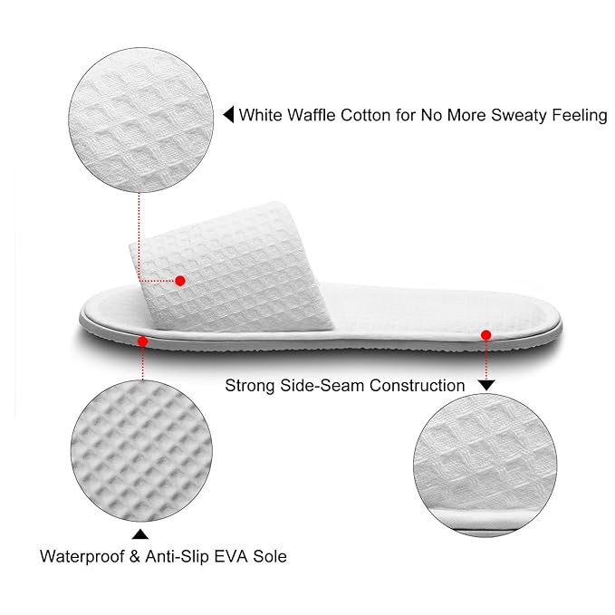 AhfuLife echoapple 10 Pairs of Waffle Open Toe White Slippers Fit Most Men and Women for Spa, Party Guest, Hotel and Travel, Washable and Non-Disposable (Large, White-10 Pairs)
