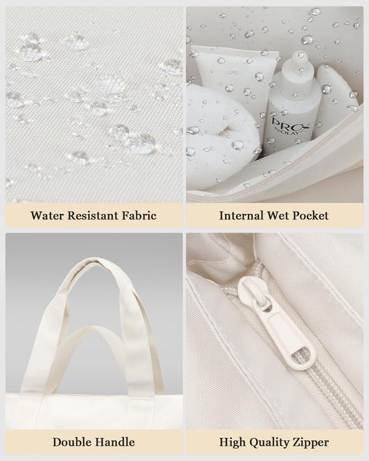 ROSECER Extra Large Tote Bag for Women, Foldable Beach Bag with Wet Pocket, Waterproof Weekender Overnight Bag for Travel, Gym, Hospital, Swim, Nurse, Beige
