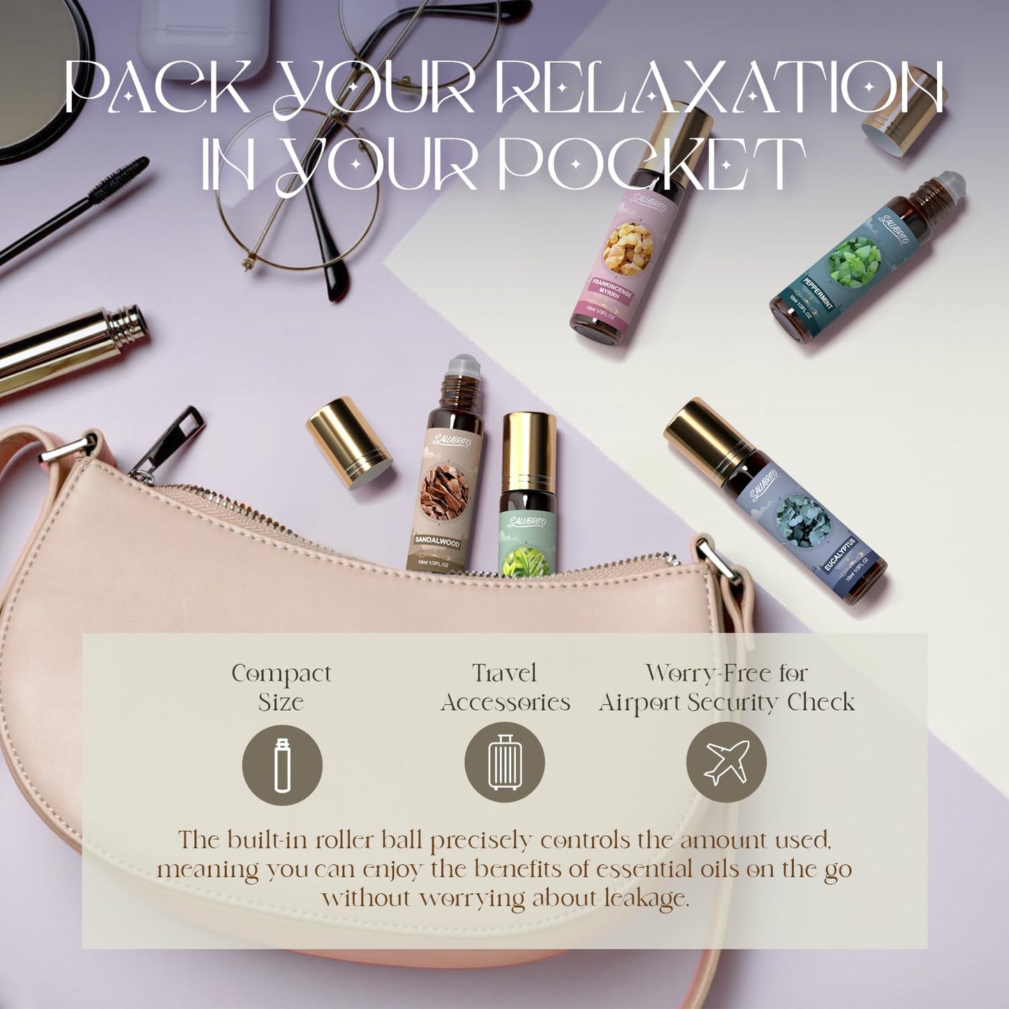 SALUBRITO Wellness Essential Oil Roll On Gift Set, Aromatherapy Oil with Roller Ball for Body Skin, Massage - Lavender, Peppermint, Tea Tree, Frankincense, Myrrh, Eucalyptus, Sandalwood Essential Oil