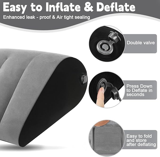 TheClover Inflatable Wedge Pillow for Sleeping - Leg Elevation, Use in Bed Back Support, Wedge Pillow for Sleep Apnea, Portable Travel Triangle Pillow, Camping, Fast Inflating Deflation (Grey)