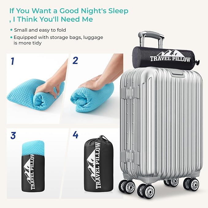 Travel Pillow Memory Foam Pillows, Camping Pillow-Compressible Medium Firm, Breathable Cover, Ideal Backpacking Hiking, Bed Pillows, Airplane and Car (Light Blue, L)