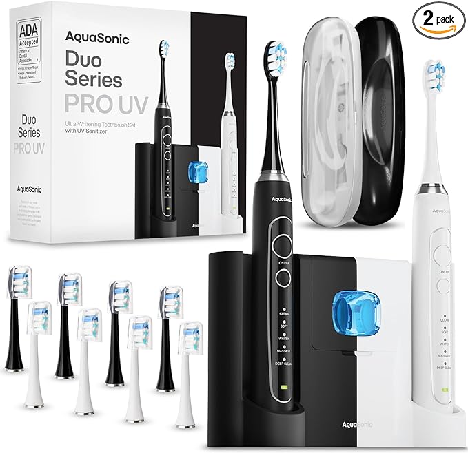 Aquasonic Duo Series PRO UV - ADA Accepted Electric Toothbrushes with UV Sanitizer - Inductive Charging Base - 5 Modes with Smart Timers - 10 Proflex Brush Heads & 2 Travel Cases