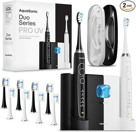 Aquasonic Duo Series PRO UV - ADA Accepted Electric Toothbrushes with UV Sanitizer - Inductive Charging Base - 5 Modes with Smart Timers - 10 Proflex Brush Heads & 2 Travel Cases