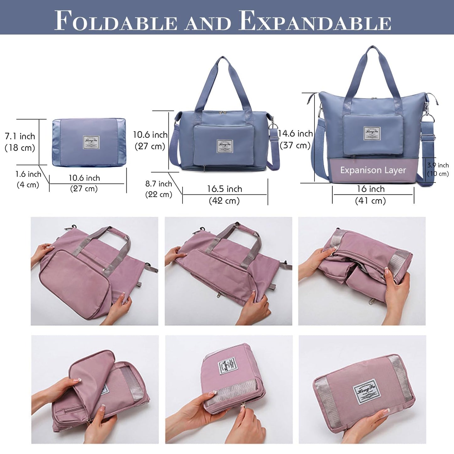 Large Foldable Travel Bag,Foldie Travel Duffel Bags Expandable Women Carry On Overnight Tote Handbag Weekender Sports Duffle,Folding Portable Tote Bags with Trolley Sleeve,Dry and Wet Separation