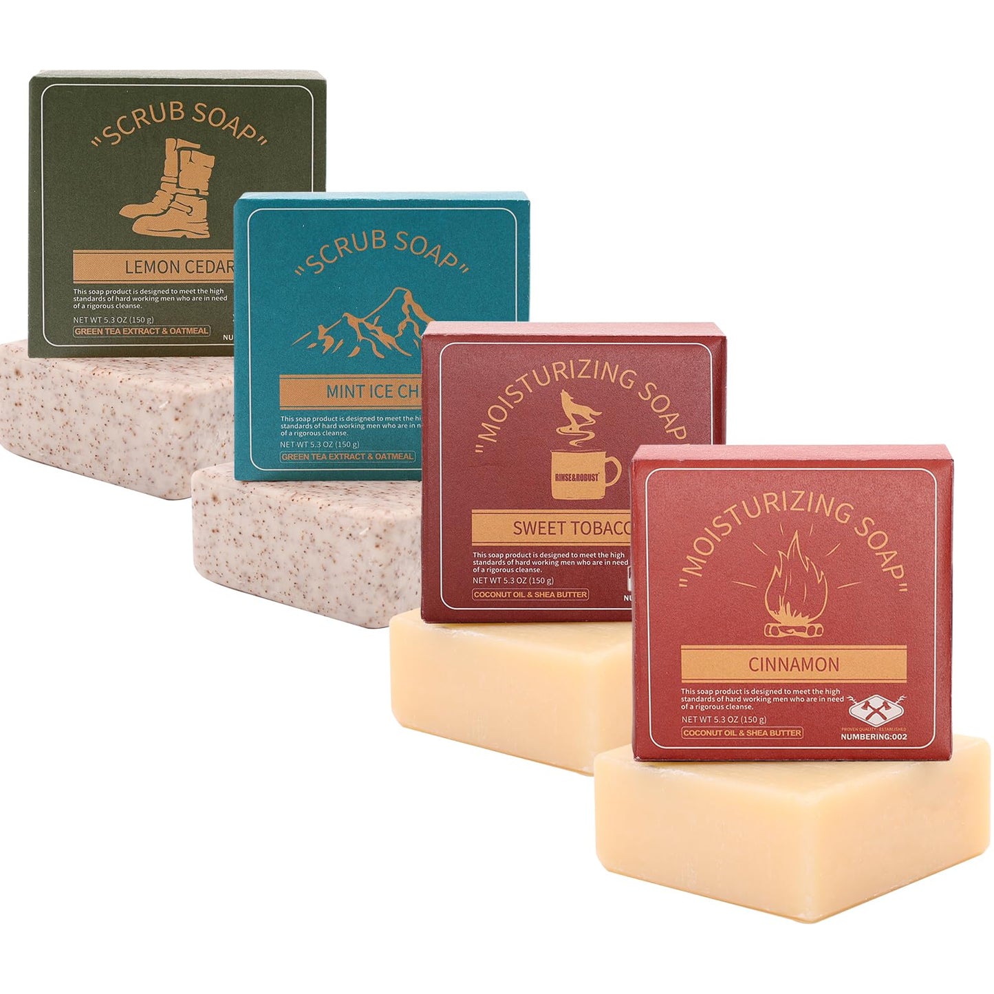 Rinse & Robust Mens Bar Soap Cleansing Bar Moisturizing & Exfoliating Scrub Soap Gift Set for Men | 4 in 1 Face Body Hand Beard Wash | Cinnamon, Lemon Cedar, Mint Ice Chips, Tobacco | 5.3 oz of 4 Bars