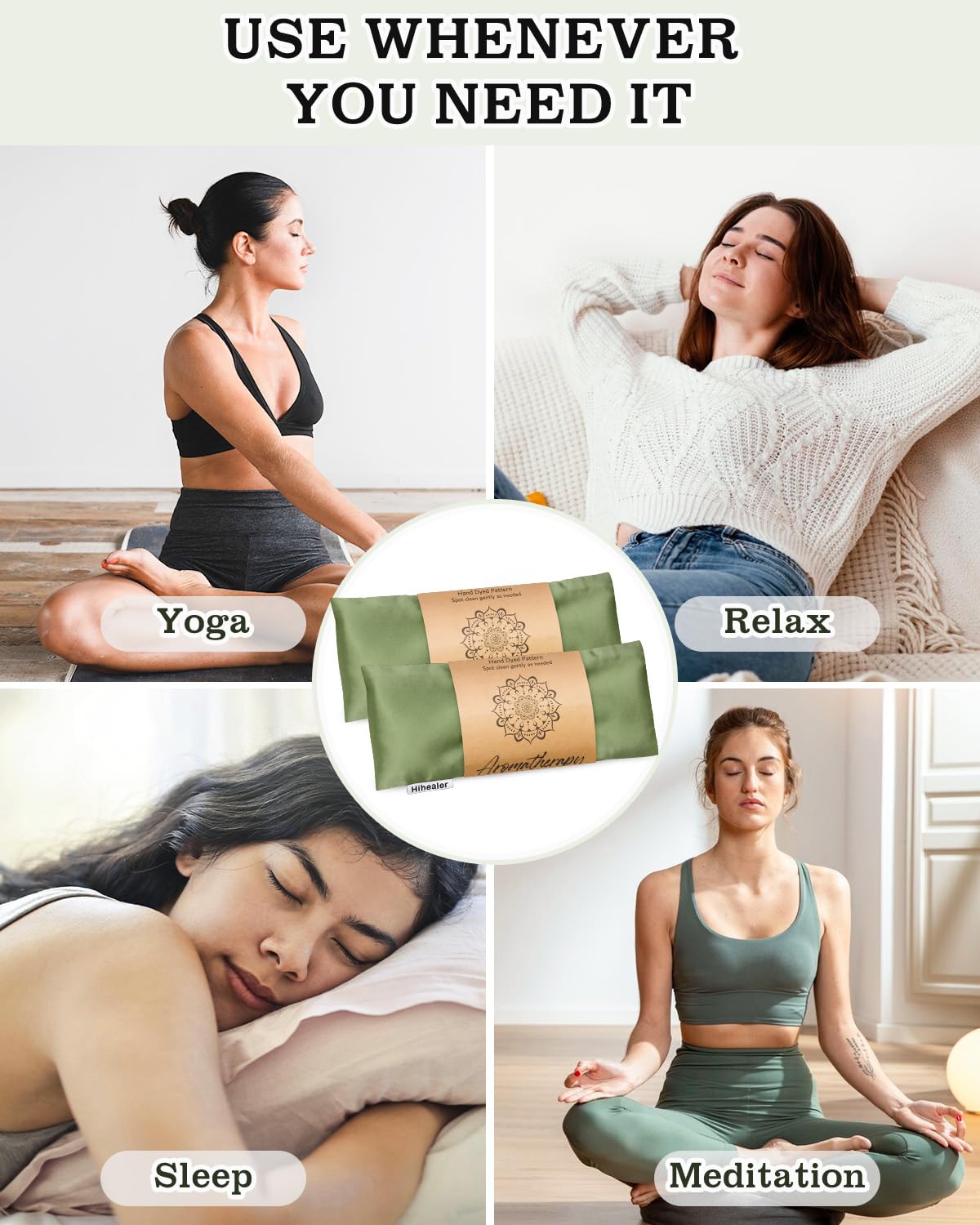 Eye Pillow for Sleeping, Headache Relief, Sinus Pressure, Weighted Eye Mask for Relaxation, Yoga, Moist Heat Eye Compress, Meditation Accessories, Lavender Gift Set for Women (Green (Silk))