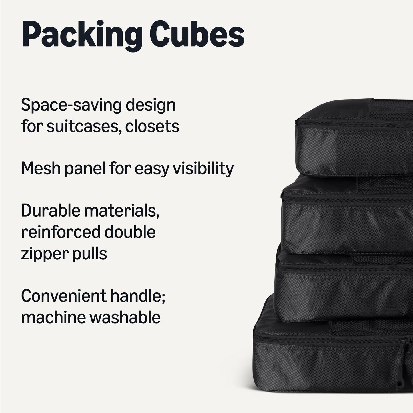 Amazon Essentials 4-Piece Packing Cubes Travel Accessories Set, Luggage Organizer with Double Zipper, Mesh Top, 100% Polyester, Large, Black (Previously Amazon Basics)