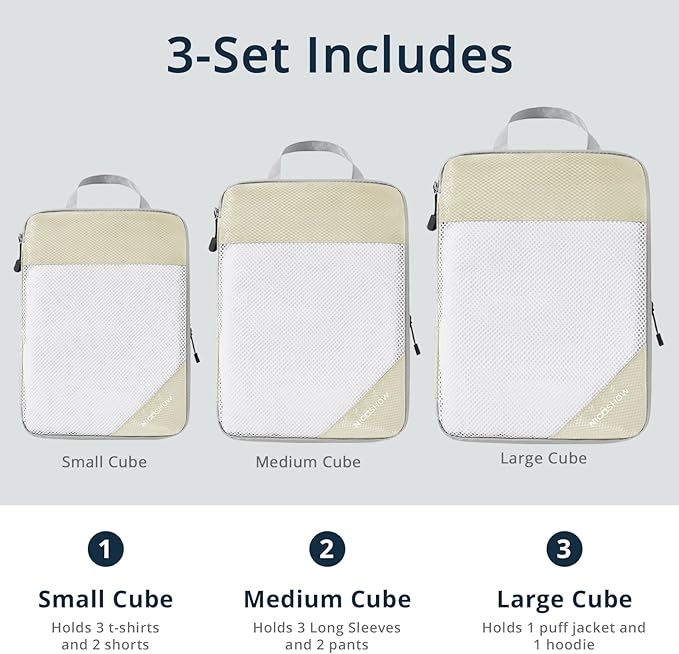 Compression Packing Cubes 3 Set, Compressible Space-Saving Packing Cubes for Travel - Compression Bags, Luggage Organizer, Travel Essentials for Women, Beige