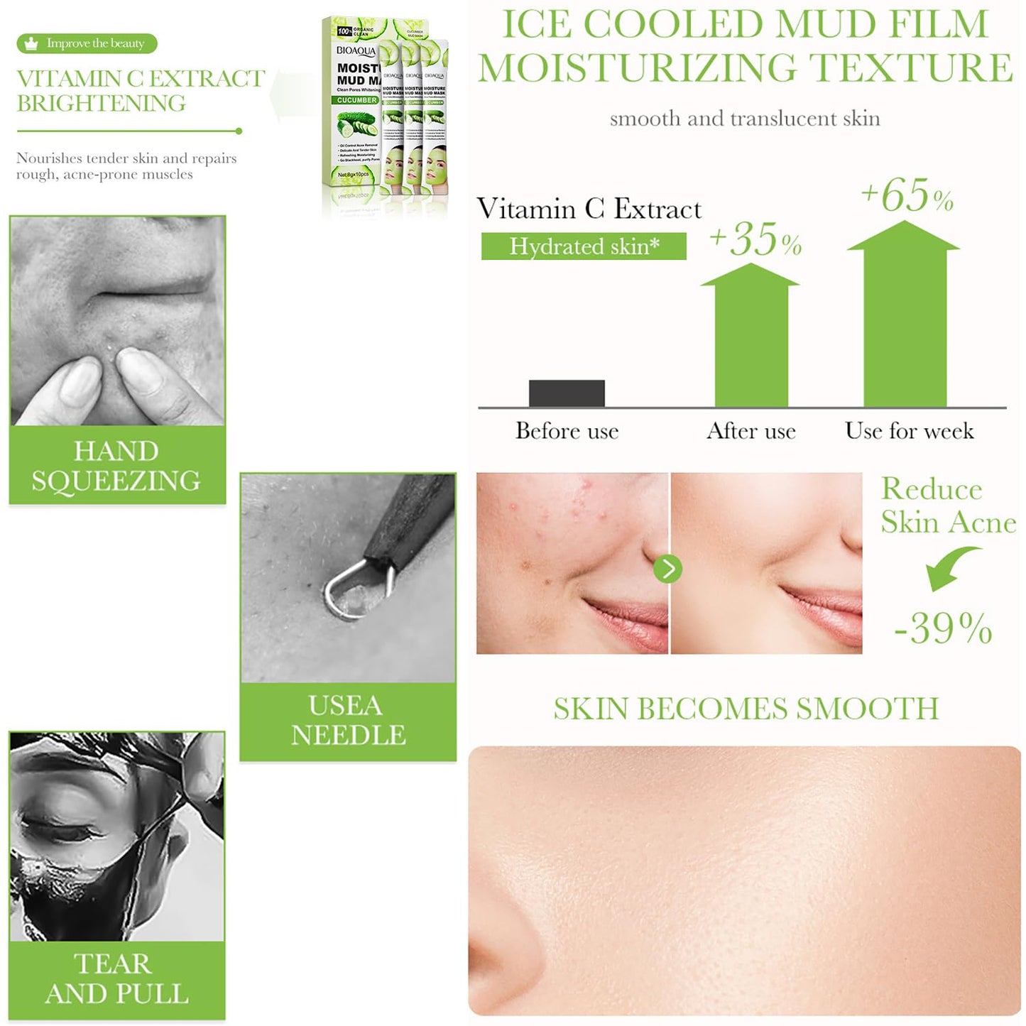 BIOAQUA Cucumber Moisturizing Facial Mud Mask Clean Pores Oil Control Refreshing Face Skin 8g x 10pcs