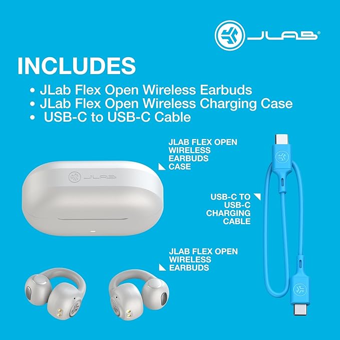JLab Flex Open Earbuds, Clip-on Cuff Design, Wireless Open-Ear Audio Freedom Effortless Fit, Safe Listening, Bluetooth Multipoint, Customize with The App, Cloud White