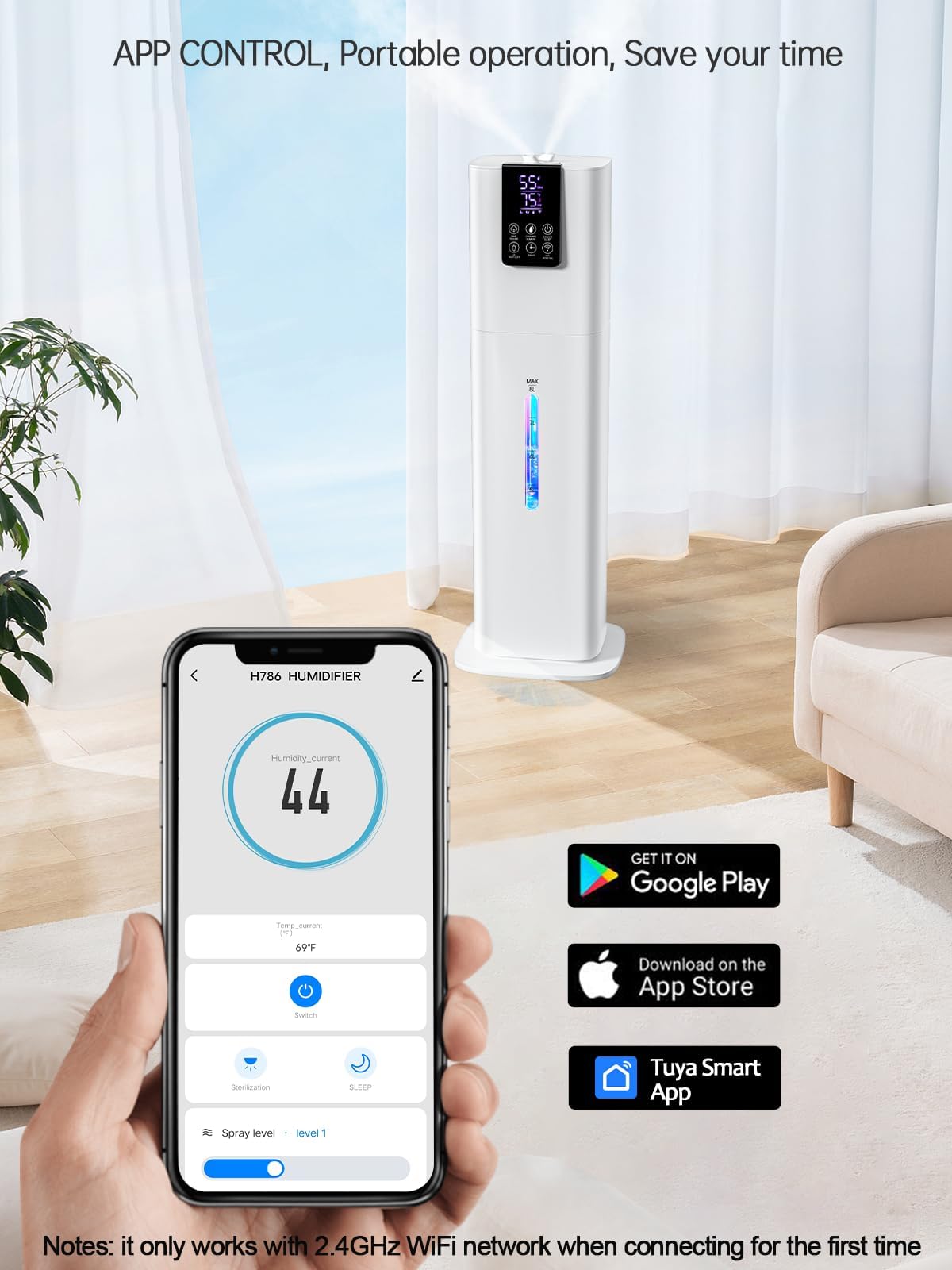 8L Smart Humidifiers for Bedroom Large Room, 2.1Gal Cool Mist Top Fill Diffuser Ambient Light, App & Remote Control, 3 Mist Modes, Quiet Humidifier for Home Office Plant (White)