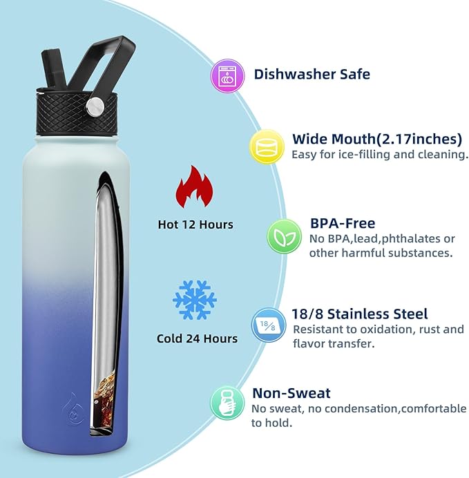 BJPKPK Insulated Water Bottles with Straw Lid, 40oz Cold & Hot Thermo, Stainless Steel Metal Water Bottle with 3 Lids, Reusable Thermo, Cups, Mugs, Tumblers -Sky