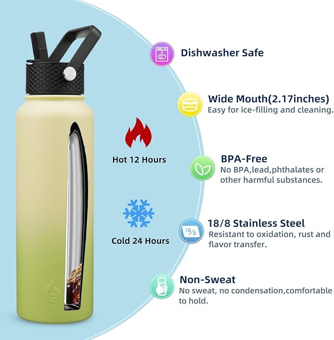 BJPKPK Insulated Water Bottles with Straw Lid, 40oz Cold & Hot Thermo, Stainless Steel Metal Water Bottle with 3 Lids, Reusable Thermo, Cups, Mugs, Tumblers -Avocado