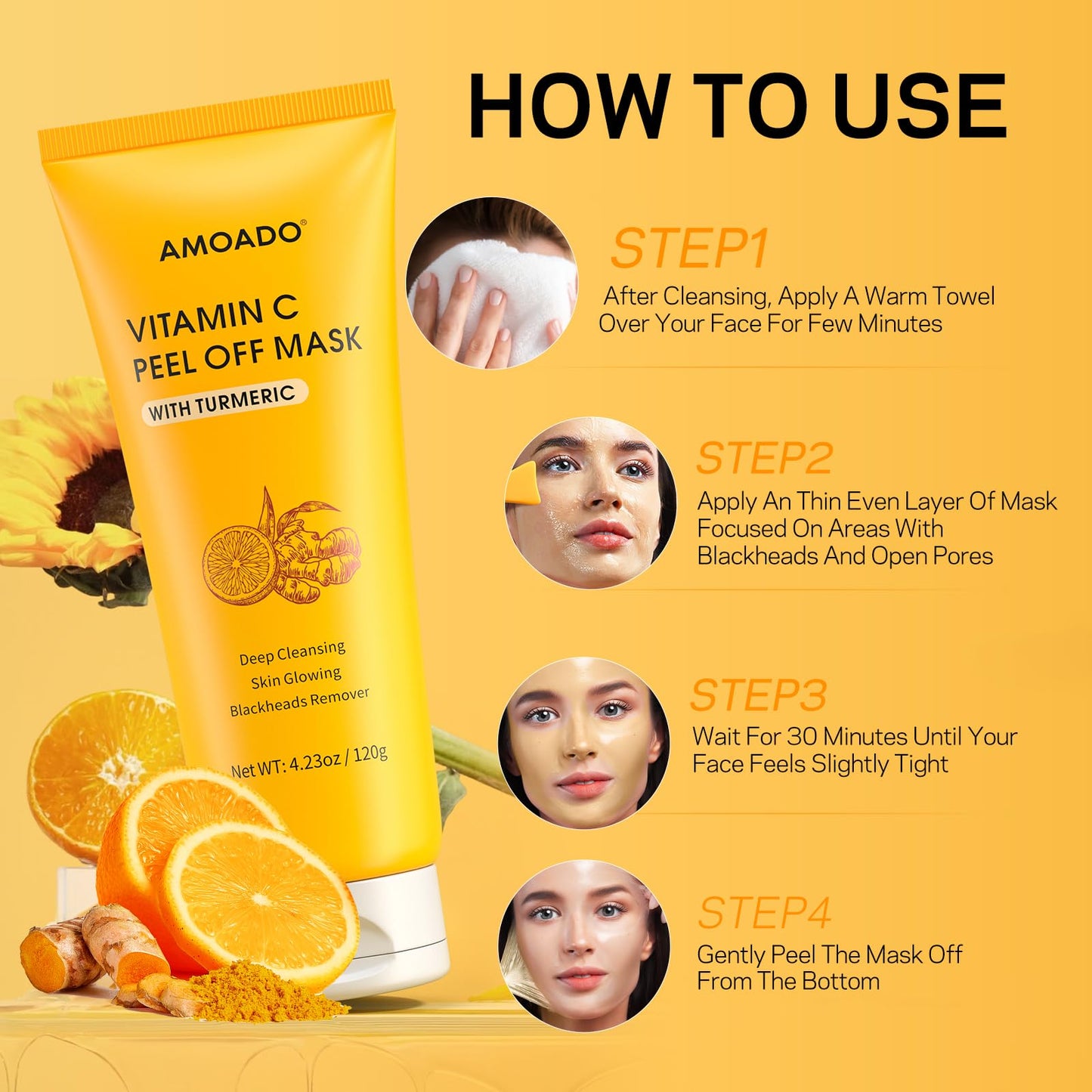 AMOADO Blackhead Remover Mask, Peel Off Face Mask with Vitamin C & Turmeric for Men and Women–Deep Cleansing Nose Facial Mask for Blackheads, Pores & Oil Control with Pimple Extractor and Brush