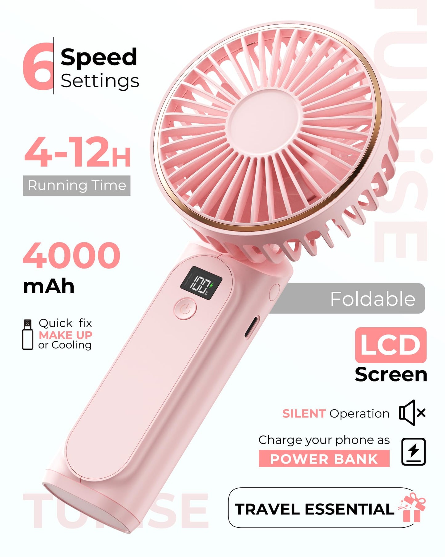 TUNISE Portable Handheld Fan, 4000mAh, 180 Adjustable, 6 Speed Wind, USB Rechargeable Foldable Fan with Real-Time Display