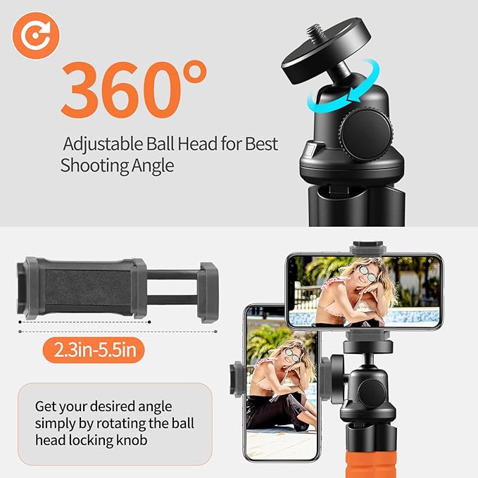 Aureday Phone Tripod, Flexible Tripod for iPhone and Android, Portable with Wireless Remote and Clip for Video Recording/Vlogging/Selfie (Orange)