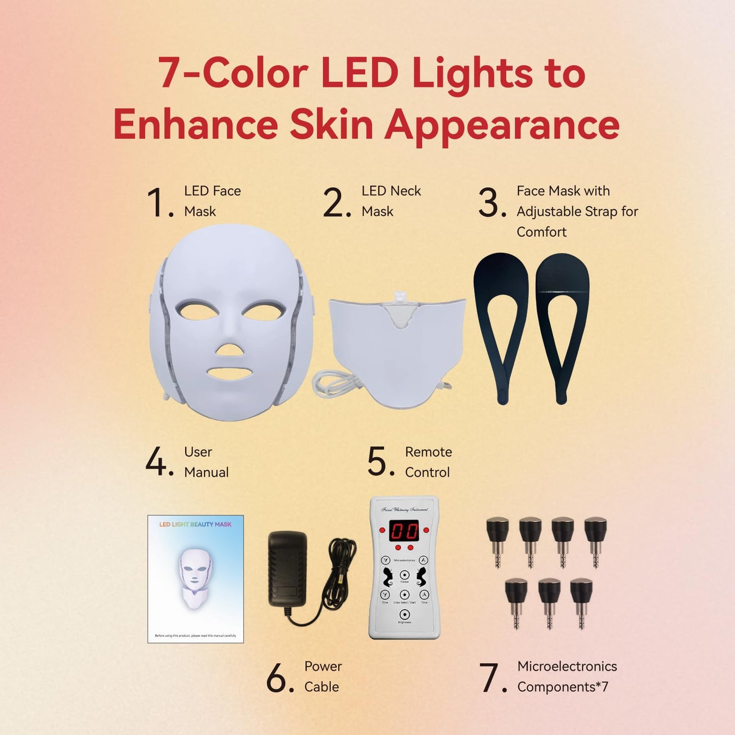 BeaRay LED Face Mask Light Therapy, 7 Colors for Skin Vitality, Home Beauty Device - Light Therapy for Face
