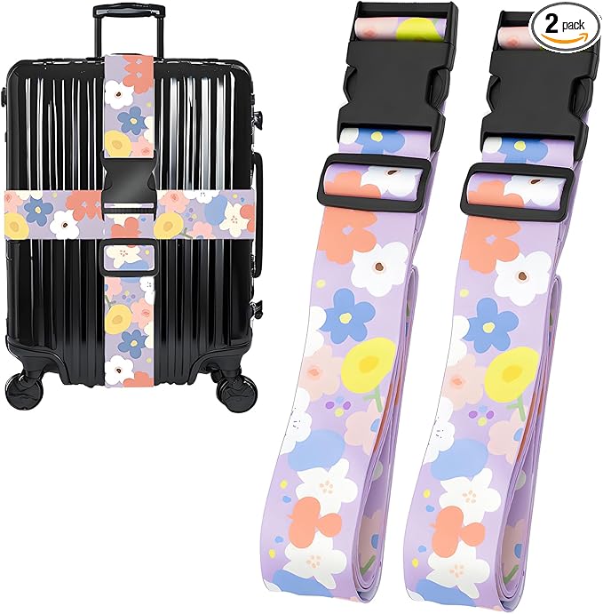 Colored Flowers Luggage Straps for Suitcases, Adjustable Luggage Travel Belt to Keep Luggage Security While Travel, Strong Polyester Fabric, Easy-to-Recognize Stylish Design Travel Accessories, 2 Pack