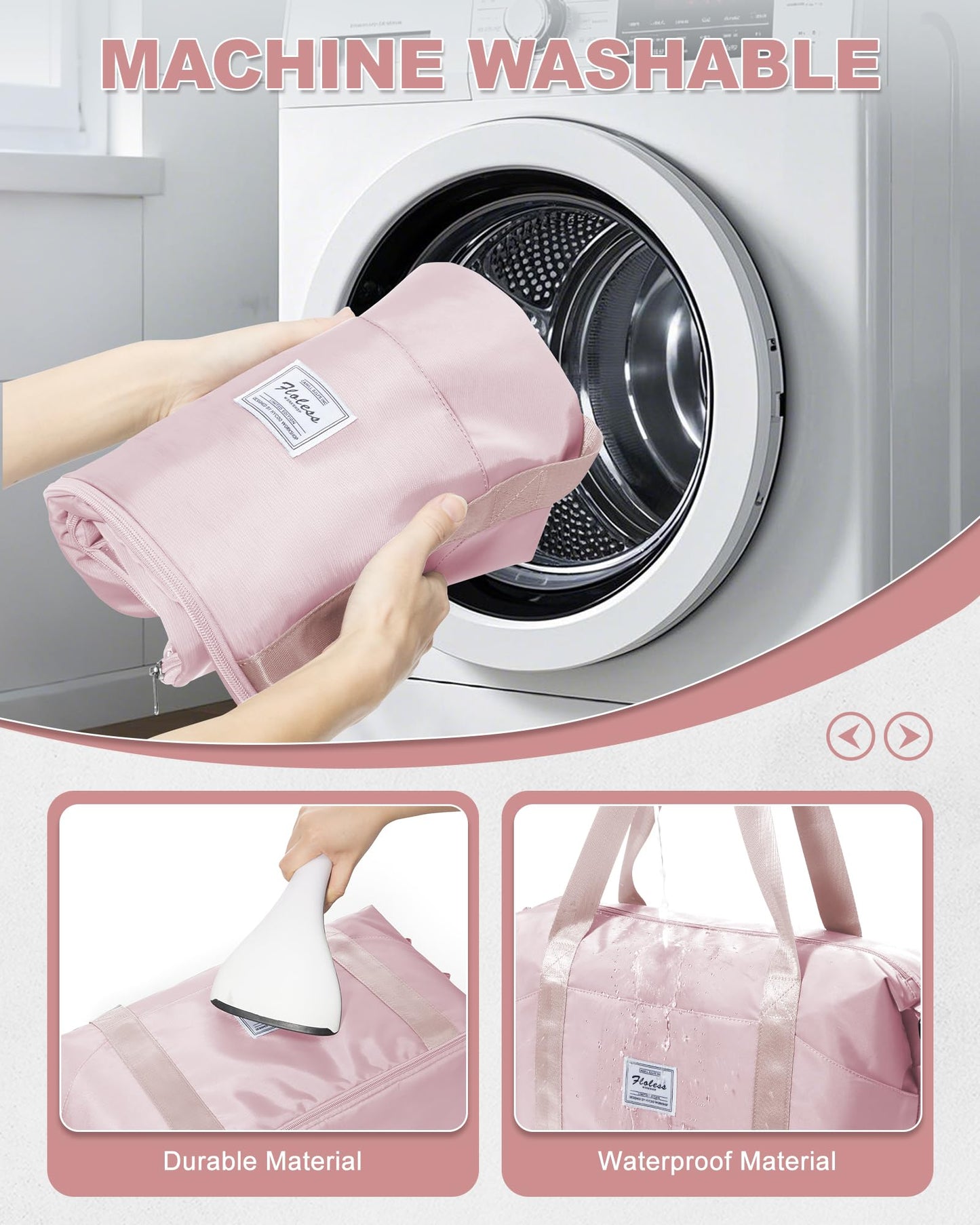 Foldie Large Travel Tote Bag, Waterproof Expandable Personal Item Duffel Gym Bag,Weekender Carry On Overnight Bags for Women Airplanes with Trolley Sleeve Wet Pocket,travel duffel bags,Pink