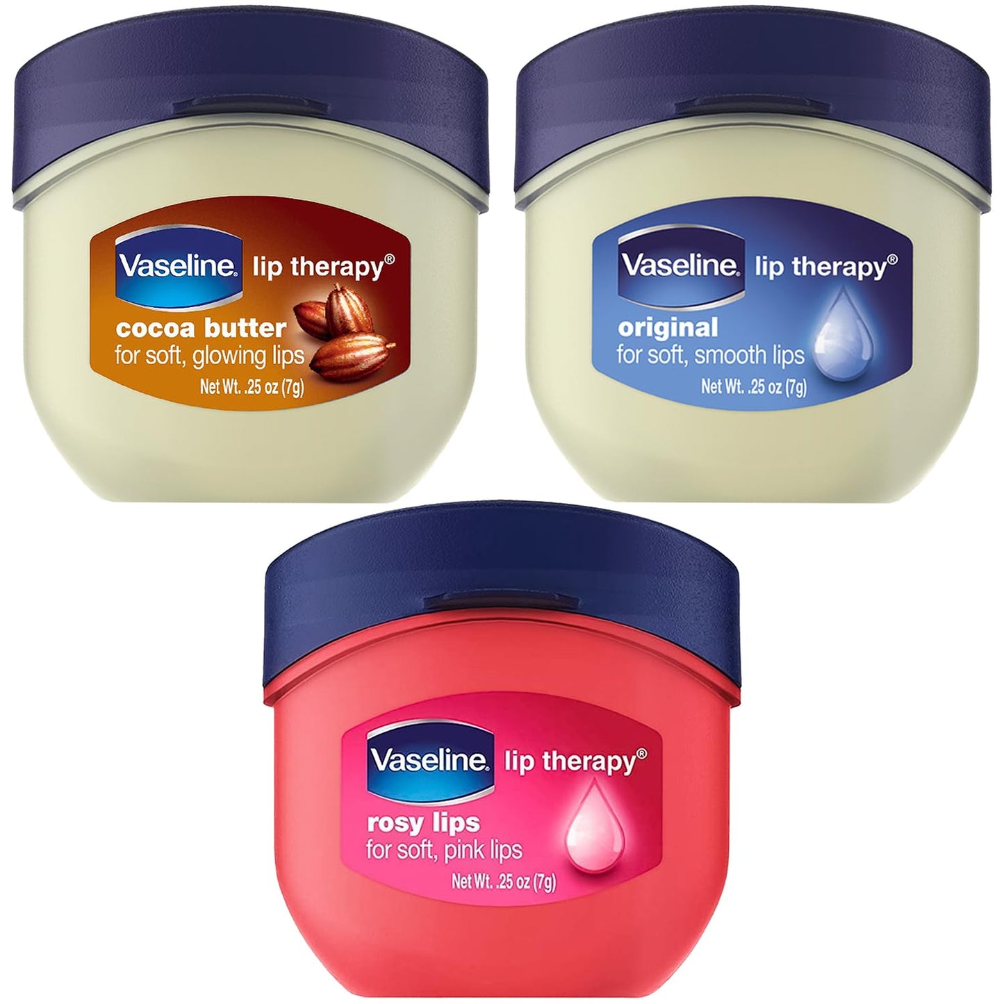 Vaseline Lip Therapy Variety 3-Pack – Original, Rosy Lips, Cocoa Butter Lip Balm Moisturizers in Mini Jars, 0.25 Oz Ea