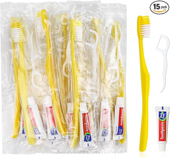 15pcs Disposable Toothbrushes with Toothpaste and Floss,Yellow Bulk Single Use Toothbrush Floss Pick Individually Wrapped Disposable Travel Toothbrushes Kit for Homeless,Airbnb,Hotel,Guest
