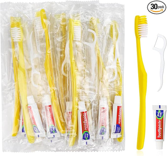 30pcs Disposable Toothbrushes with Toothpaste and Floss,Yellow Bulk Single Use Toothbrush Floss Pick Individually Wrapped Disposable Travel Toothbrushes Kit for Homeless,Airbnb,Hotel,Guest