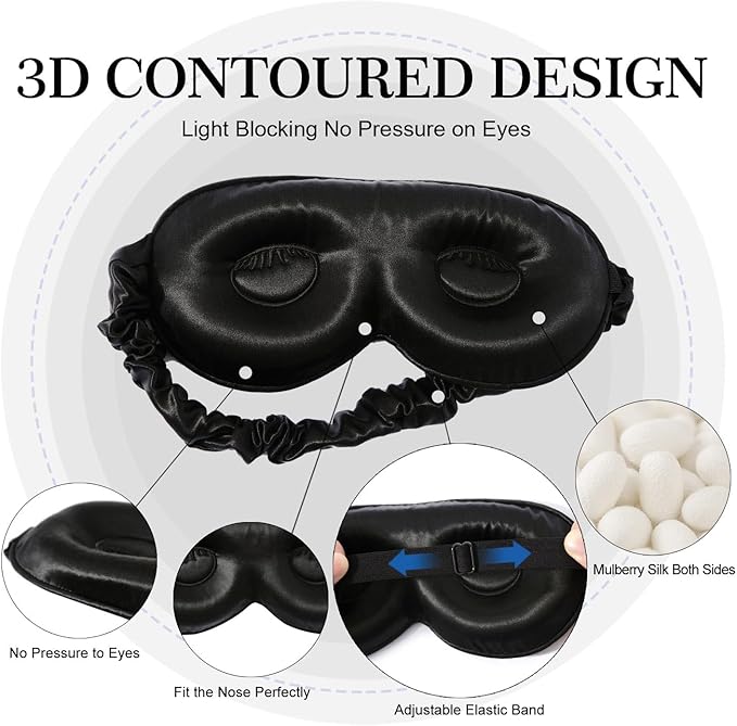 ZIMASILK Adjustable 22 Momme 100% Pure Mulberry Silk Sleep Mask, 3D Contoured Cup Eye Mask for Sleeping, Super Soft Breathable Blindfold, Perfect Blocks Light for Sleeping (Black)