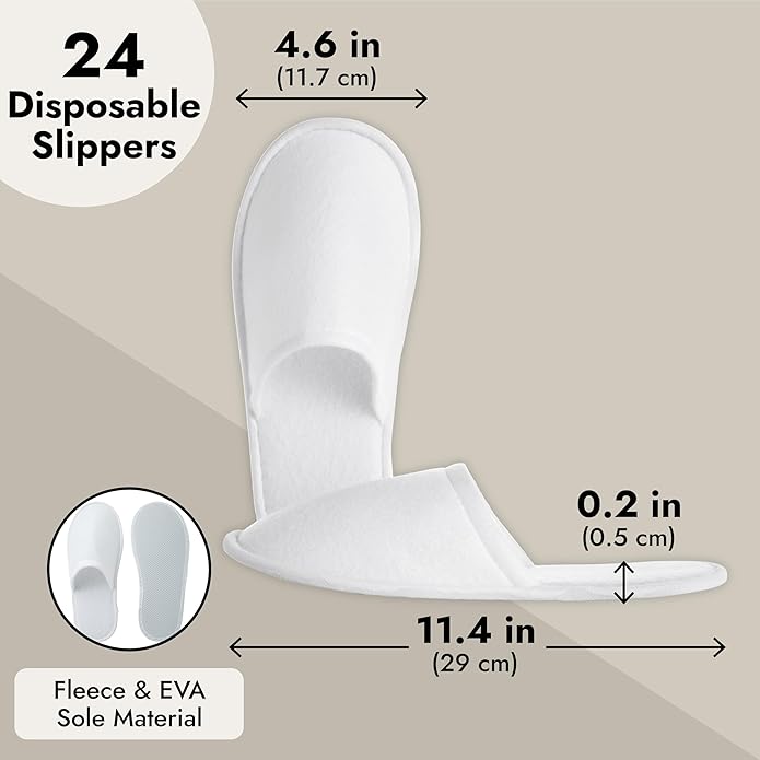 Juvale Disposable Slippers for Guests - Men's US 10/Women's US 11 Medium - White Closed-Toe Cotton EVA Slip-Resistant Sole - Individually Wrapped Spa & Hotel House Slippers Bulk 24 Pairs