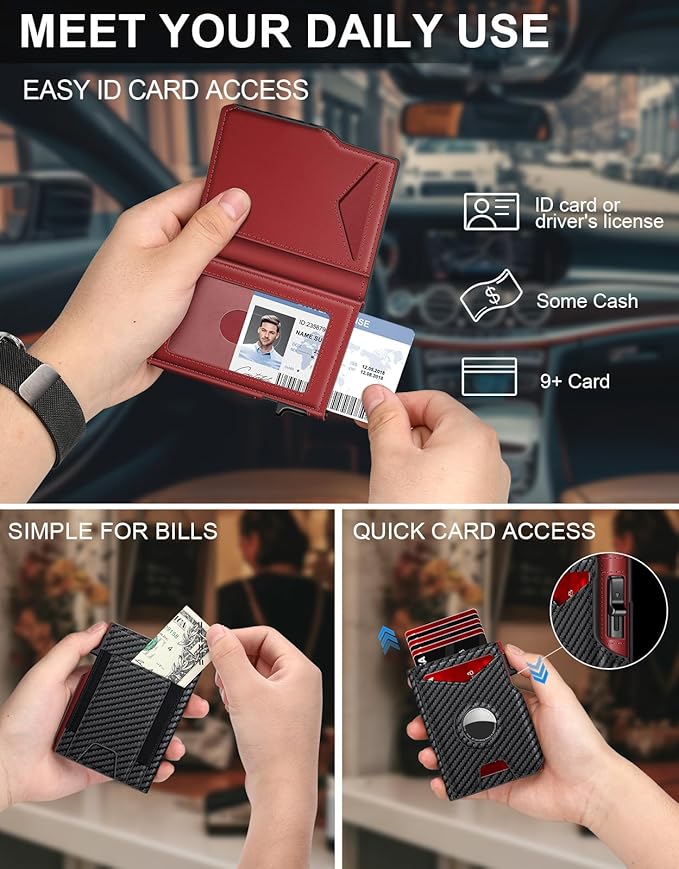 Airtag Wallet for Men, Minimalist Slim Mens Wallet Smart Pop Up Credit Card Holder for 9-13 Cards, RFID Blocking Wallet with ID Window & Cash Slot, Compact Bifold Metal Aluminum Card Case