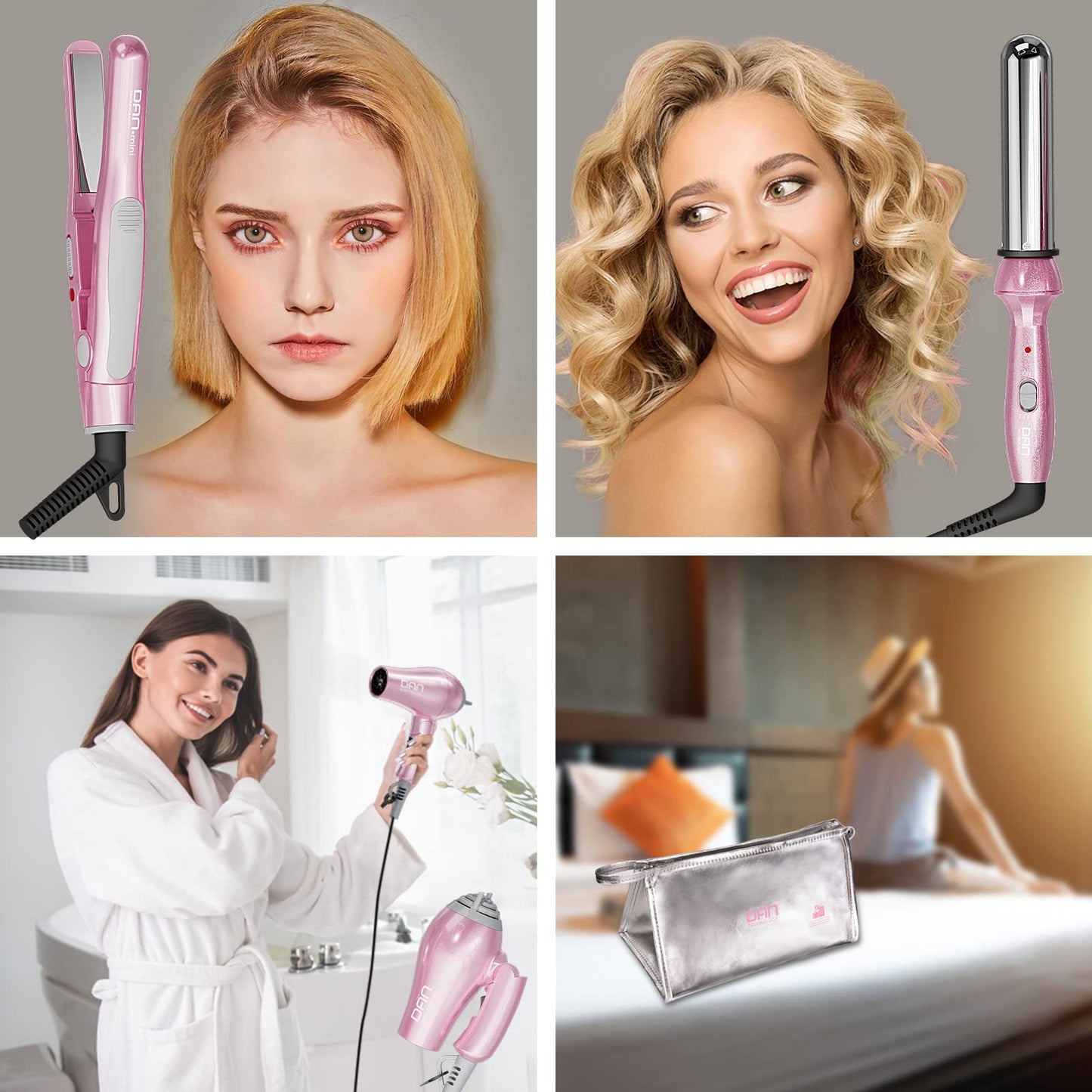 DAN Technology Hair Styling Set, Including Travel Hair Dryer, Mini Flat Iron, and Travel Curling Iron with European Plug, Dual Voltage, Portable Storage Bag, Pink