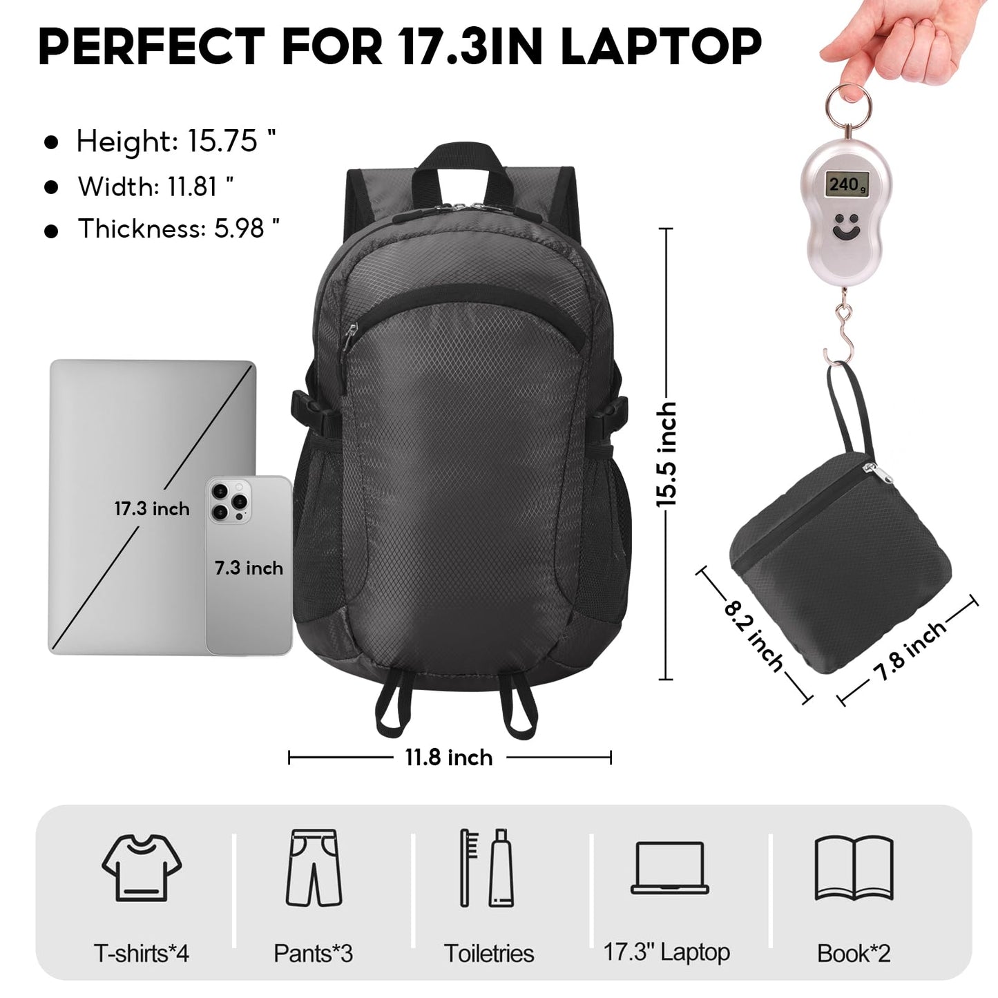 SFIUYDS Small Hiking Daypack,15L Water-Resistant Hiking Backpack Packable Lightweight Travel Day Pack for Women Men (Black, Small)