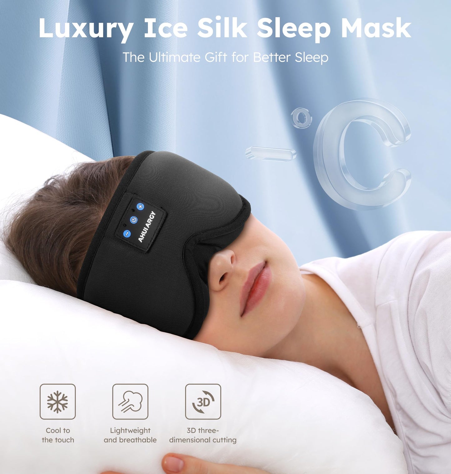AHUIARGY Ice Silk Sleep Mask with Headphones, Sleep Headphones for Side Sleeper with 3D Cups, Bluetooth 5.4 Sleeping Eye Mask, Total Blackout Sleeping Headphones for Women Men(Black)