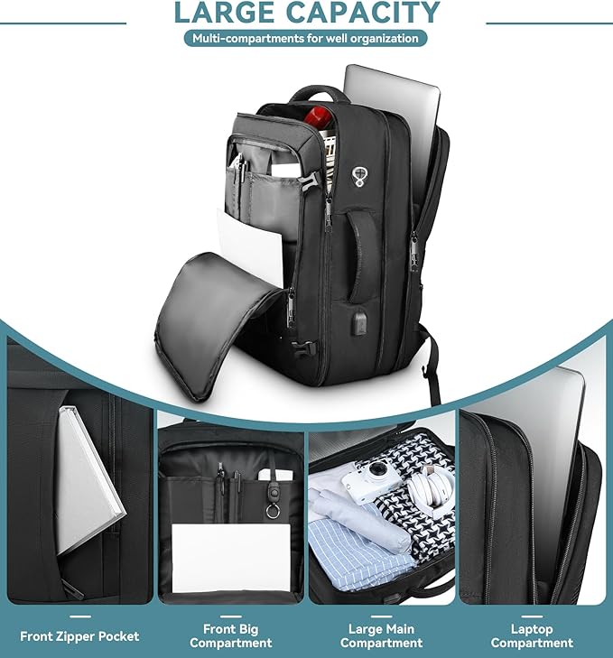 50L Carry on Travel Backpack With Packing Cubes, Extra Large Backpack Flight for Men & Women,Expandable Suitcase Water Resistant Luggage Daypack Business Weekender Bag, Black