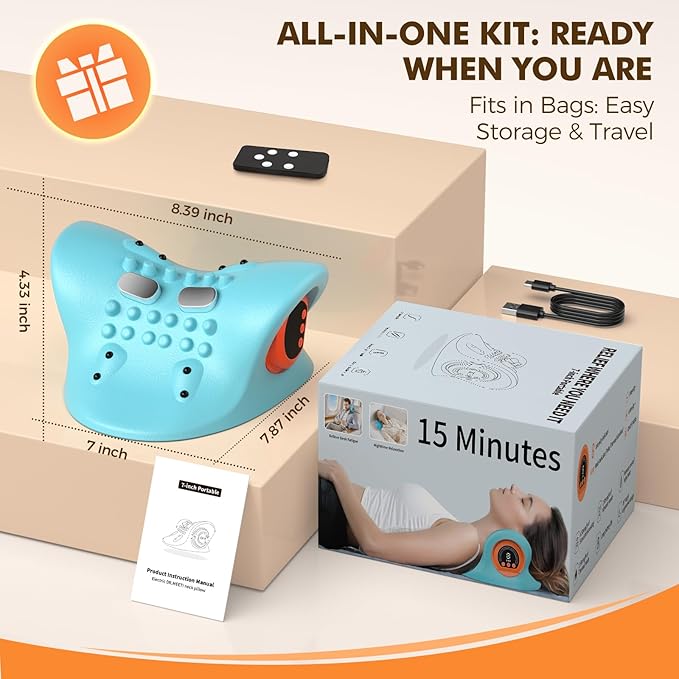 Neck Massager 2025 Portable Neck Traction Device, Cervical Stretcher with Heating & Vibration – Relieve Muscle Tension, 3-in-1neck pillow Customizable Massage Modes with Wireless Remote Control