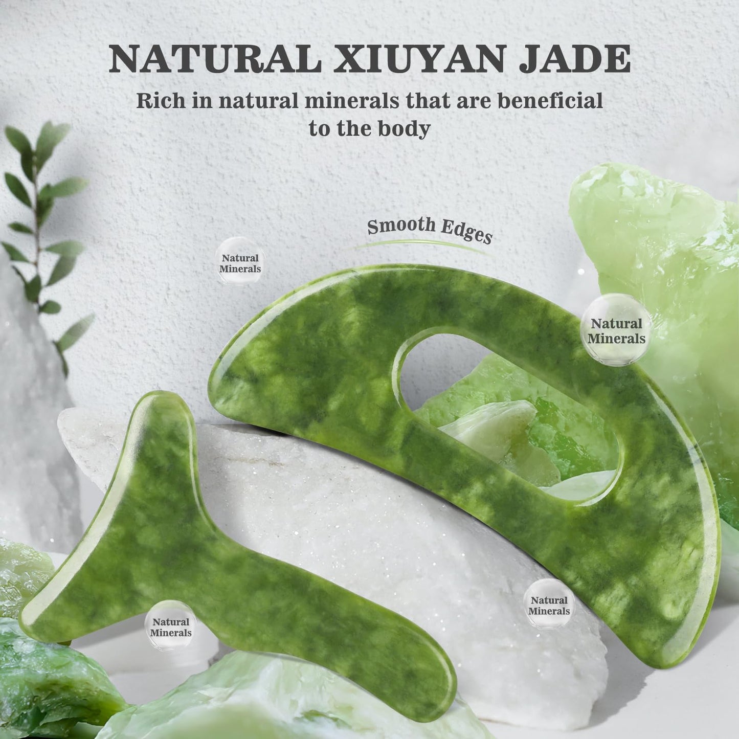 2 in 1 Jade Stone Gua Sha Massage Tool, Large Guasha Muscle Scraper Tools Set with Handle Muscle Scraping Massage Tools Anti Cellulite Spa Acupuncture Tools for Back Neck Leg Lymphatic Drainage