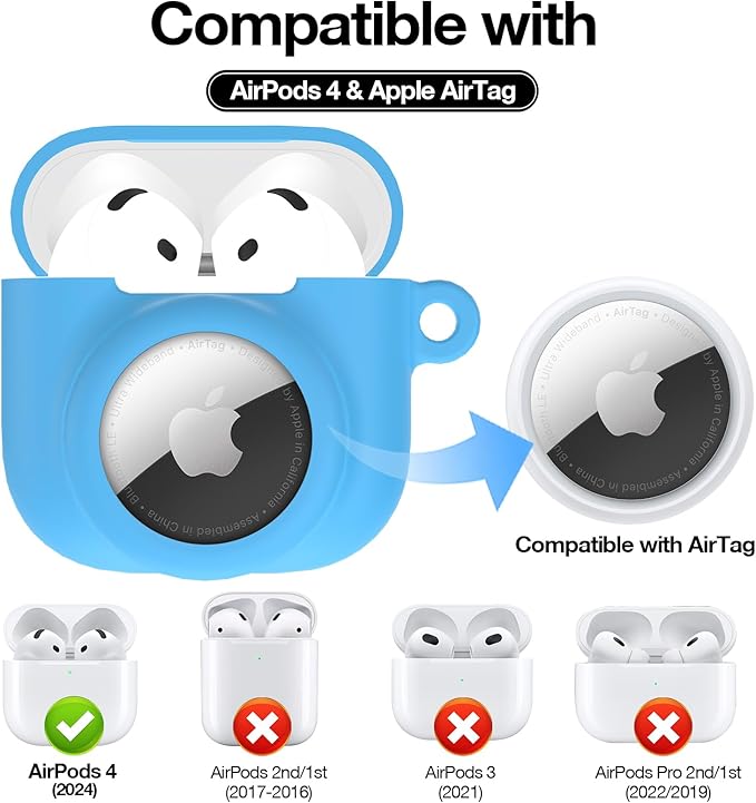 2 in 1 Silicone Case Compatible with AirPod 4 and AirTag, Shockproof Protective Skin Cover for AirPods 4th Generation with Cleaner Kit & Carabiner (Glow Blue)