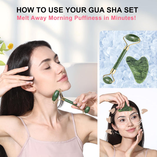 BOPURLE Gua Sha and Jade Roller Facial Tools for Face, Upgraded Face Roller for Wrinkles and Lifting, Face Massager and Gua Sha Set for Puffiness and Skin Care, Guasha Tool for Women and Men (Green)