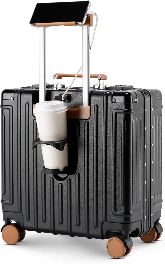 18 Inch Carry On Luggage Suitcase Locks TSA Approved Hardside Lightweight Suitcase with Cup Holder TSA Lock Carry On Luggage with USB Port Phone Holder Suitcases with 360° 8 Double Spinner Wheels