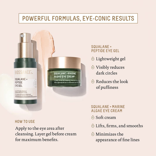 BIOSSANCE Squalane and Marine Algae Eye Cream - Anti-Aging Under Eye Cream for Fine Lines, Wrinkles, and Puffiness - Hydrating & Lifting Formula with Hyaluronic Acid and Paracress Extract - 0.5 Ounce
