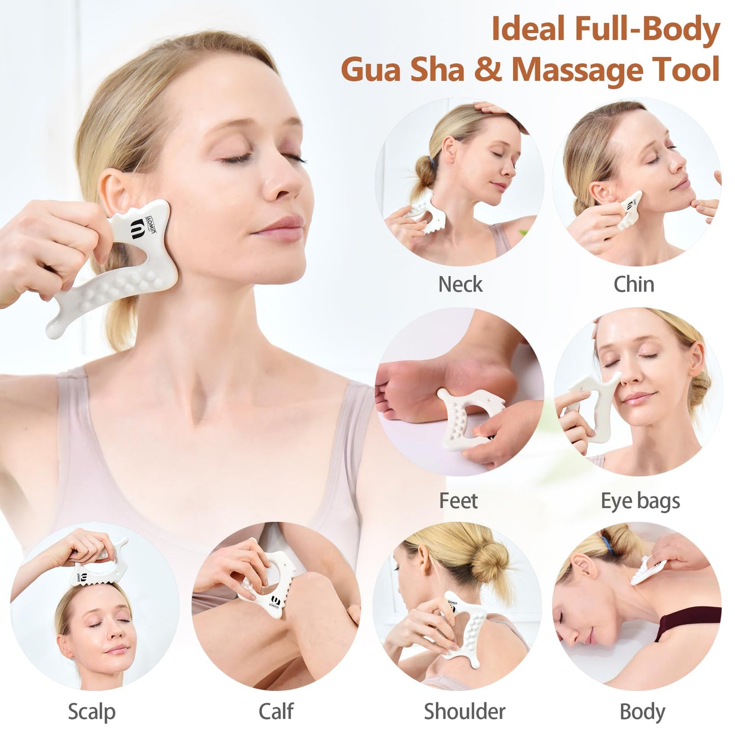 6-in-1 Ceramic Gua Sha Tool for Face & Body - Manual Facial Massage for Lymphatic Drainage, Jaw Lifting, Neck Massage, Puffiness Care for Stress Relief at Home, Self Care Gift for Mum Wife