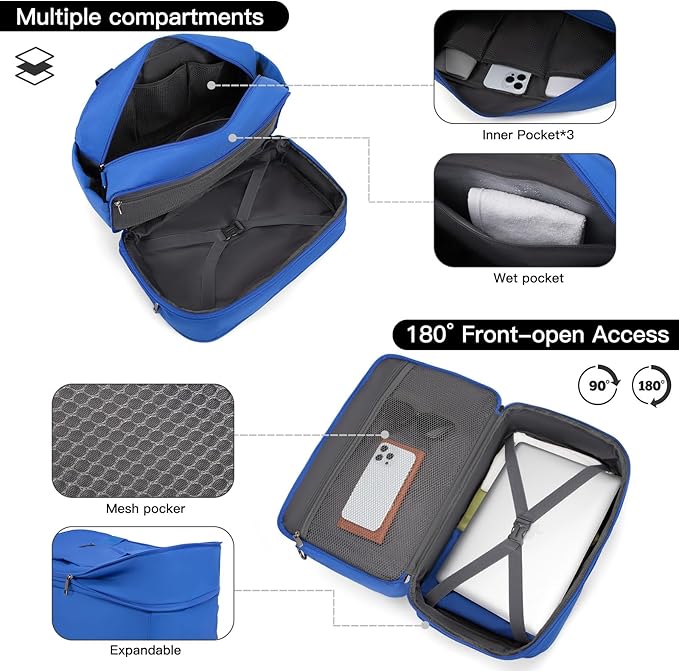 Carry-On Luggage Travel Duffel Bag Carry on Bag Underseat for Airplanes, Sports Gym Bag with Shoulder Strap, Weekender Overnight Bag for Women and Men,Blue