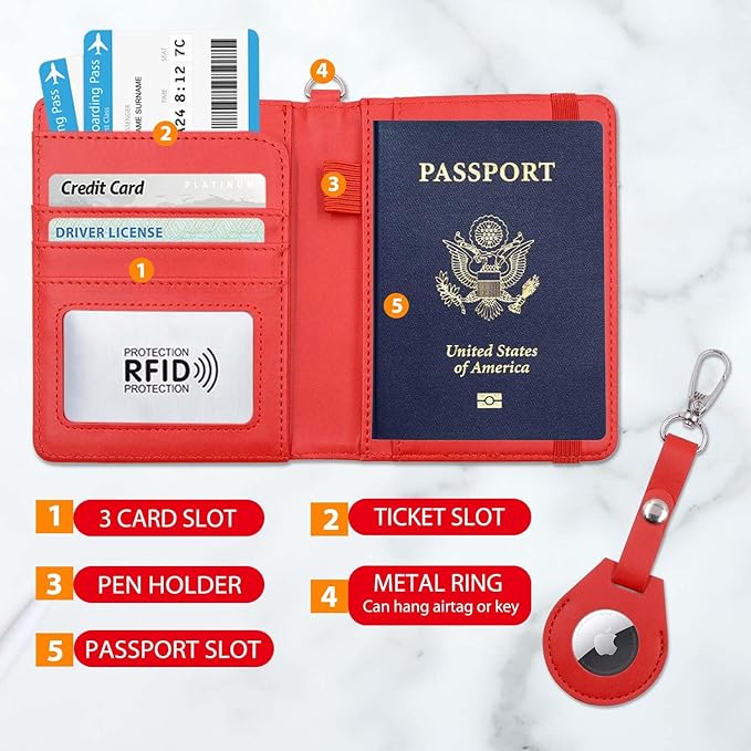 Cnycmy Passport Holder with Airtag slot,Passport-Wallet-Holder for Women,for Family, Rfid Passport Book Card Slot Waterproof, passport holder for travel (red1)