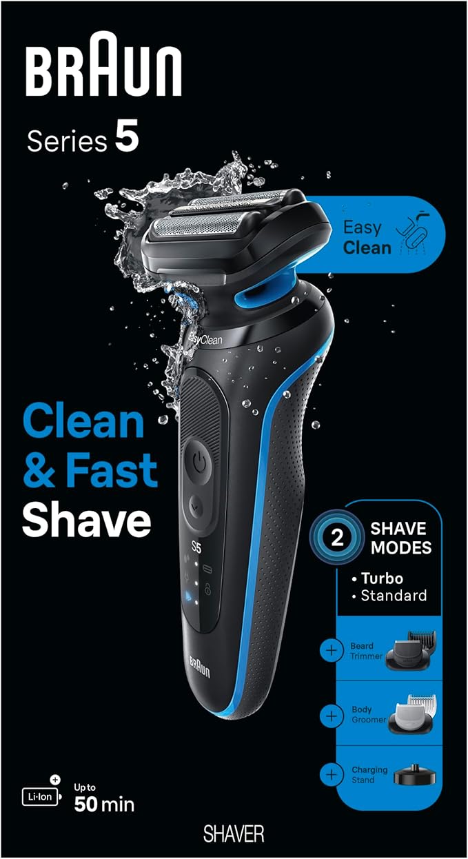 Braun Electric Shaver for Men, Series 5 5150cs, Wet & Dry Shave, Turbo Shaving Mode, Foil Shaver, with Beard Trimmer, Body Groomer and Charging Stand, Blue