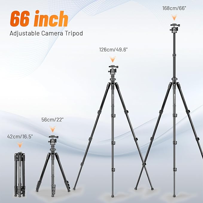 JOILCAN 66" Camera Tripod, Lightweight Travel Tripod with 360° Ball Head & Phone Holder, 22lbs Max Load for DSLR, Camera, Phone, Video & Photography (Grey)
