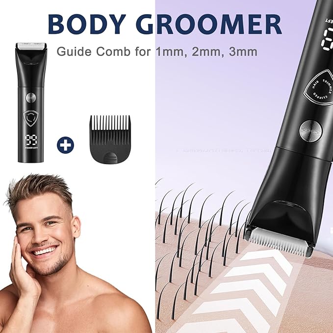 Body Hair Trimmer for Men - Electric Male Hygiene Grooming Shaver - Hair Razor Nose Trimmer Clippers - 3 in 1 Groin Groomer IPX5 Waterproof LED Display Remover for Chest Back Armpit