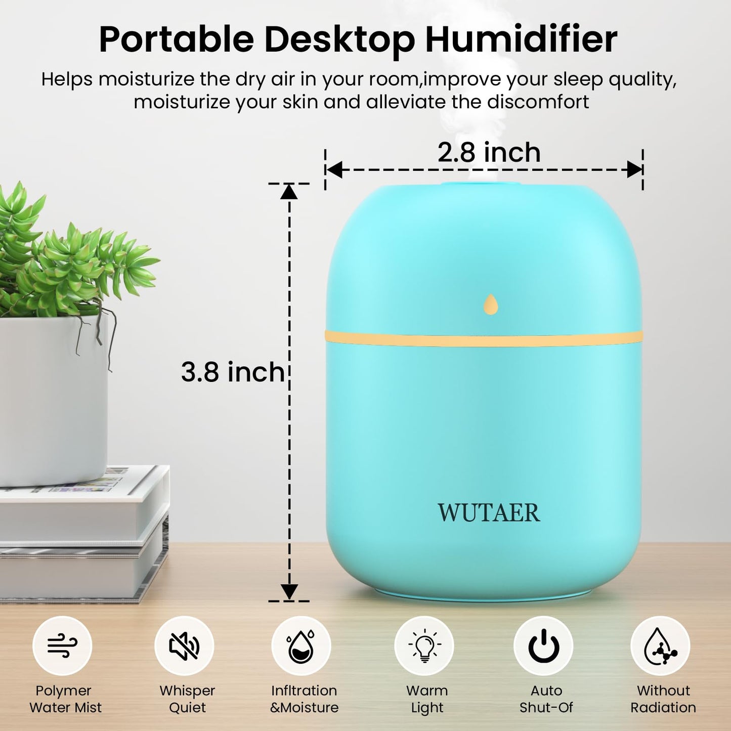 Portable Small Humidifier, WUTAER USB Personal Desktop Humidifier for Car, Office Room, Bedroom, Auto Shut-Off, 2 Mist Modes, Super Quiet(220ml, Green)