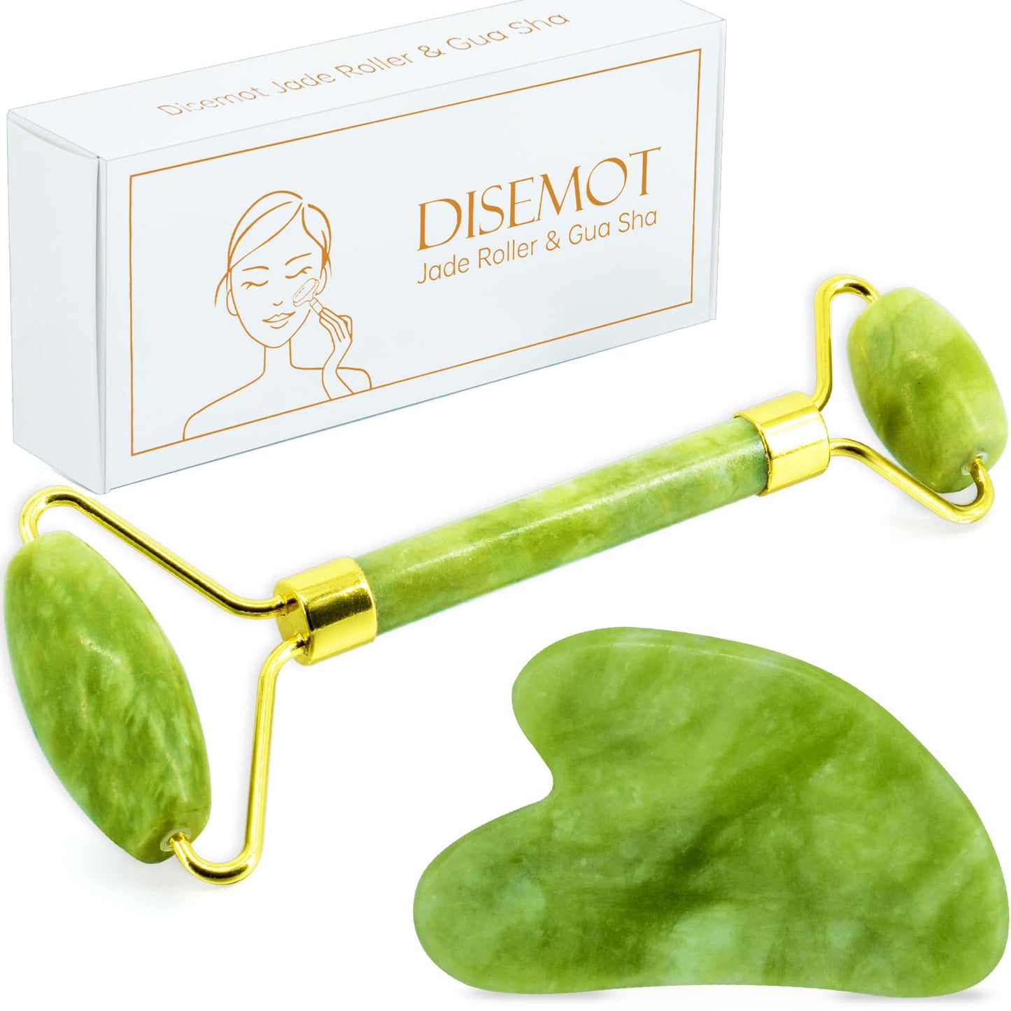 Disemot Jade Roller & Gua Sha Facial Tools, Natural Anti-Aging Jade Beauty Skin-Care Tool Face Roller to Rejuvenate Facial Skin Cooling, Slimming & Firming, Great as Stocking Stuffers