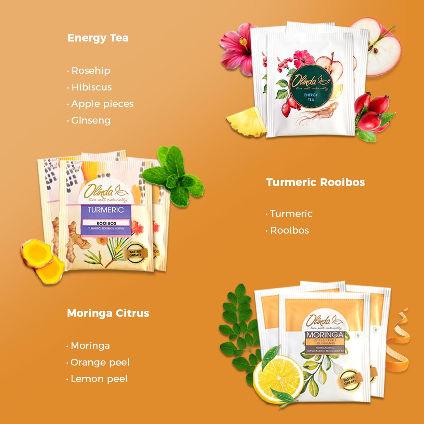Olinda Health & Vitality Tea Gift Box Tea Samplers Organic Tea Bags Low Caffeine Detox Energy Tea Natural Herbal Gift Set Premium 9 Vareity Pack Individually Wrapped 45 Tea Bags 1 Tea Box Tea Gifts for Women
