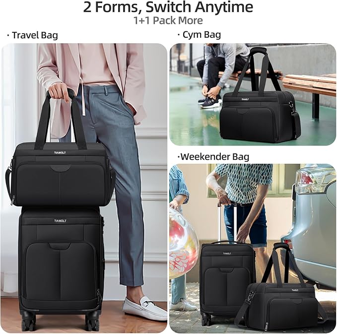 Carry-On Luggage Bag Travel Duffel Personal Item Bag Carry-On UnderSeat Travel Tote Overnight Weekender Bag Expandable Duffel Underseat Bag with Adjustable Strap, Black