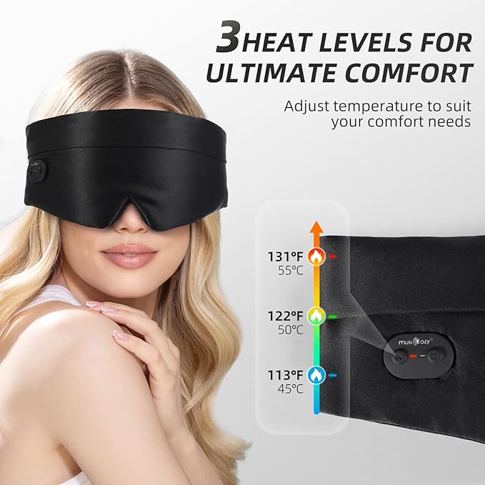 MUSICOZY Heated Eye Mask for Dry Eyes, Silk Warm Compress with 3 Heat Levels & Timer, Cordless Washable Eye Mask for Stye Relief, Puffy Eyes, Relaxation & Sleep